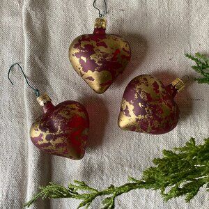 Vintage Kugel-Style Red & Gold Glass Heart Ornaments